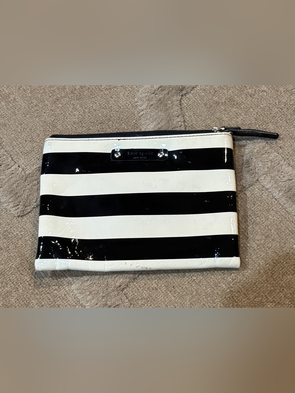 kate spade Black and White Patent Striped  Pouch